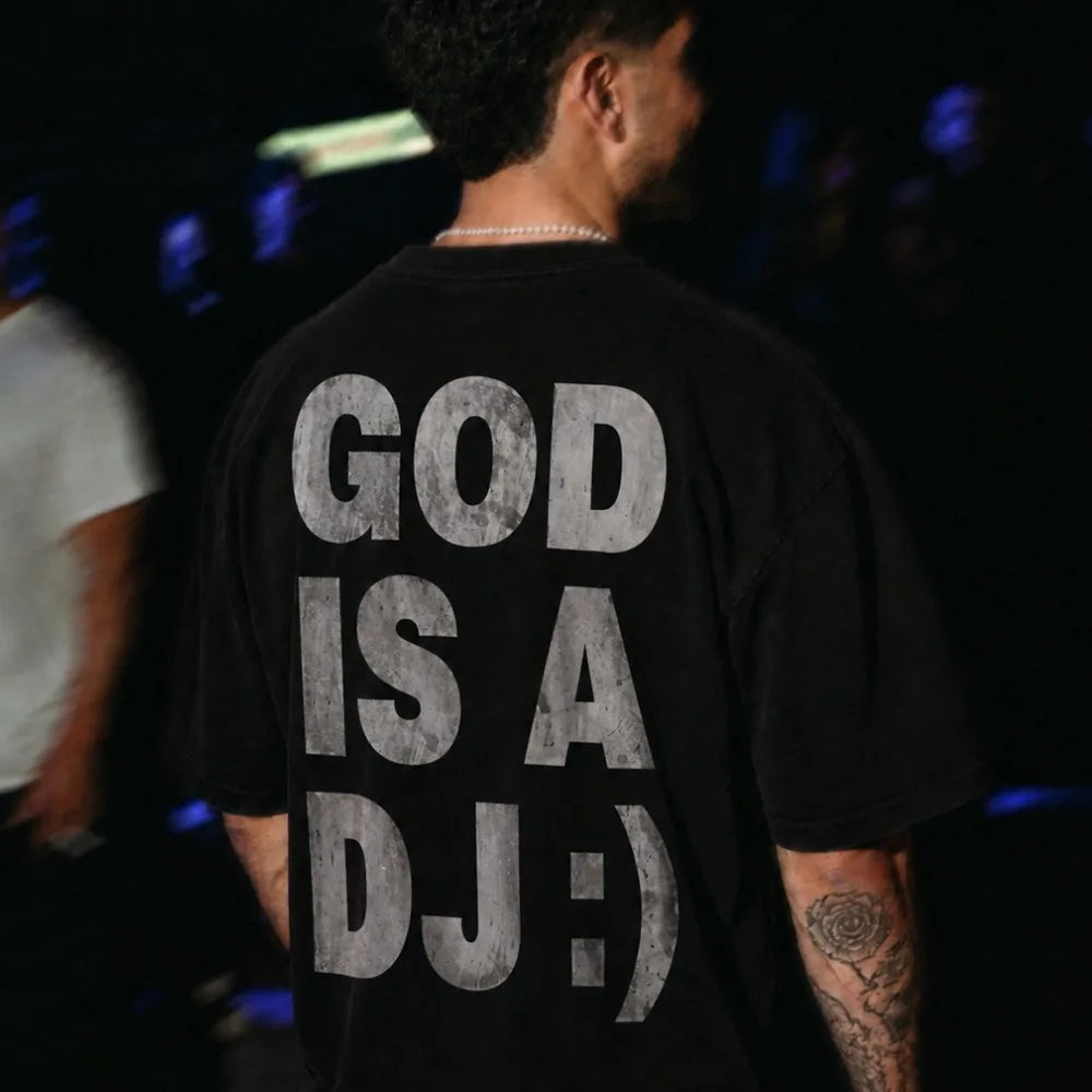 GOD IS A DJ :) Oversized Terry Black T-Shirt