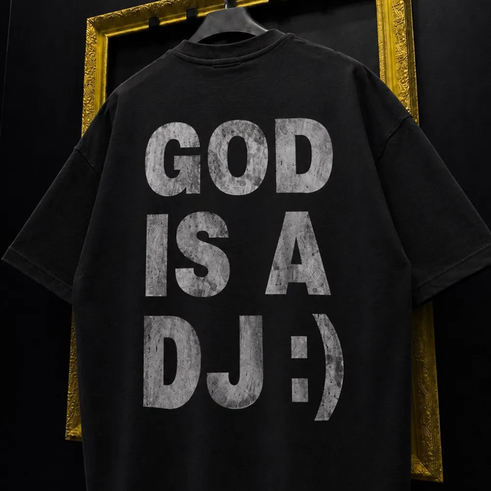 GOD IS A DJ :) Oversized Terry Black T-Shirt