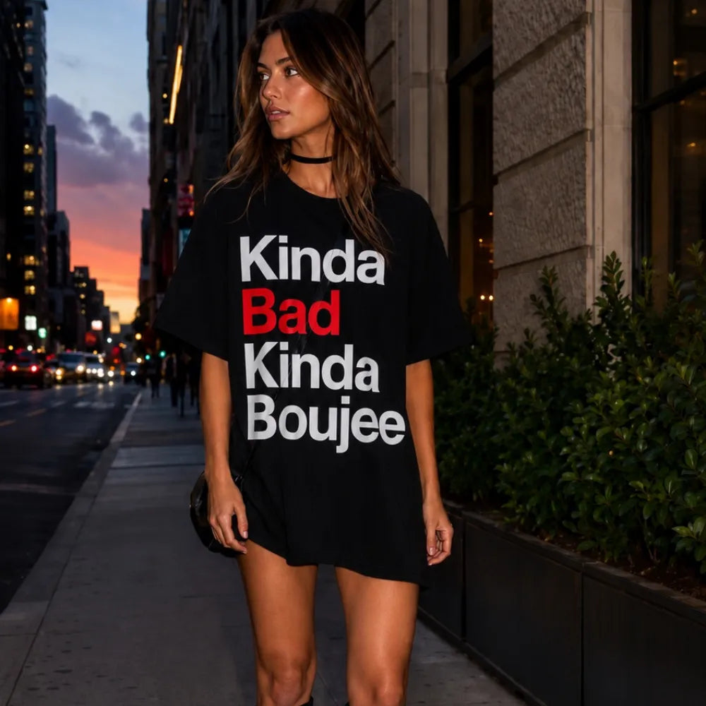 Kinda Bad Kinda Boujee! Oversized Terry Black T-Shirt
