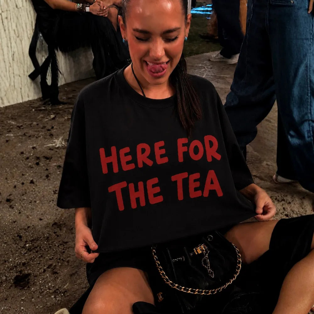 Here For The Tea! Oversized Terry Black T-Shirt