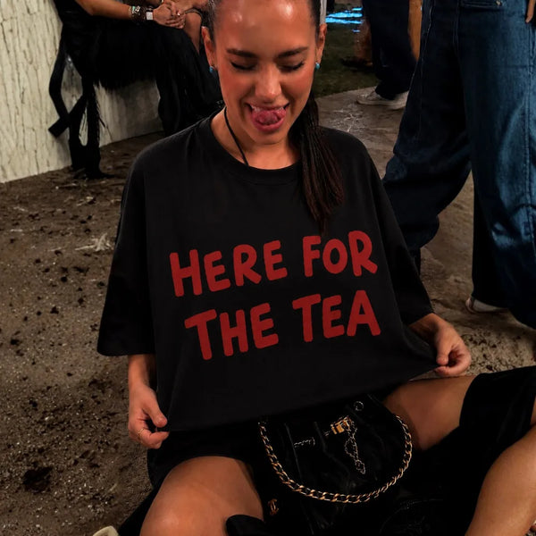 Here For The Tea! Oversized Terry Black T-Shirt