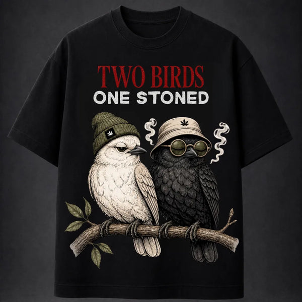 Two Birds One Stoned! Oversized Terry Black T-Shirt