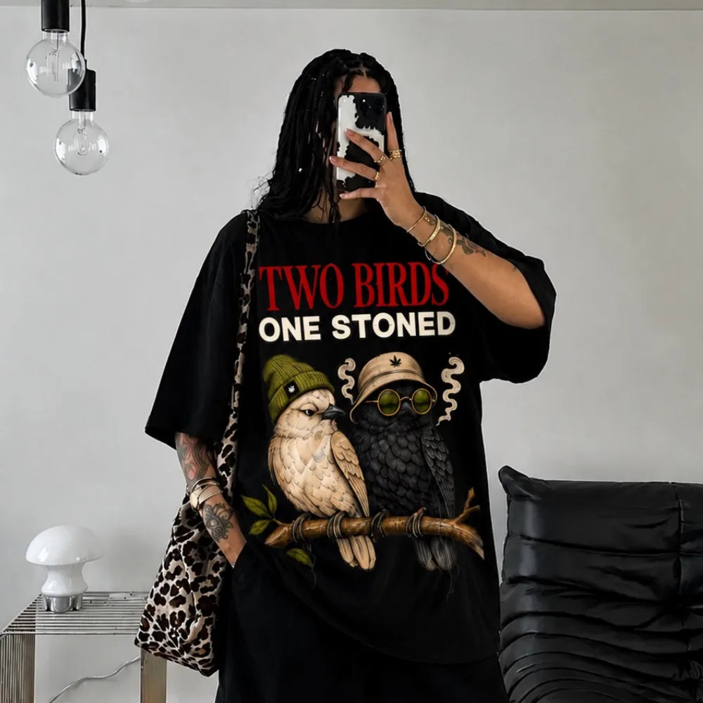Two Birds One Stoned! Oversized Terry Black T-Shirt