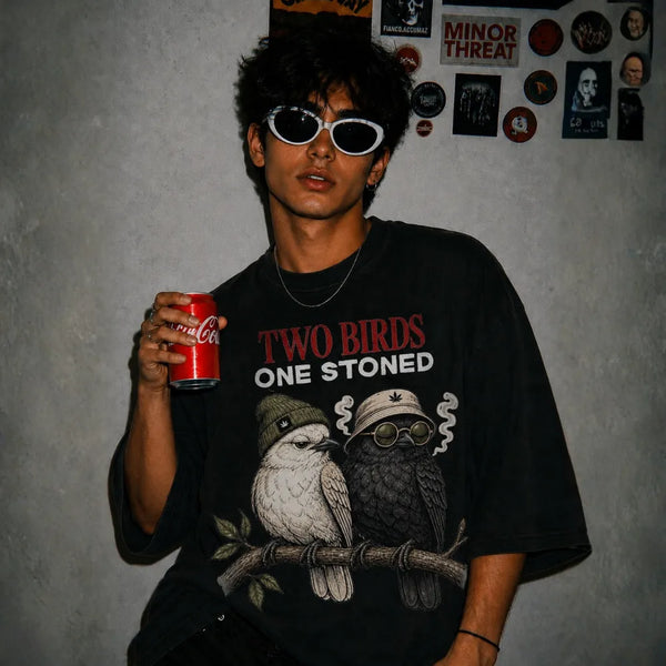Two Birds One Stoned! Oversized Terry Black T-Shirt