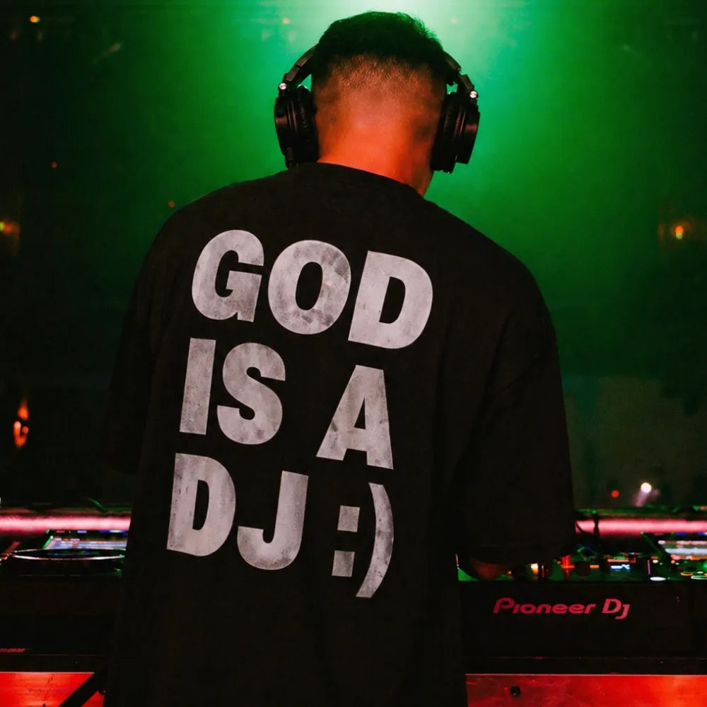 GOD IS A DJ :) Oversized Terry Black T-Shirt