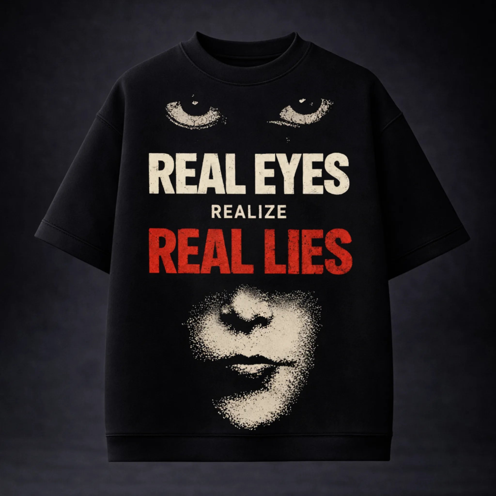 Real Eyes Realize Real Lies Oversized Terry Black T-Shirt